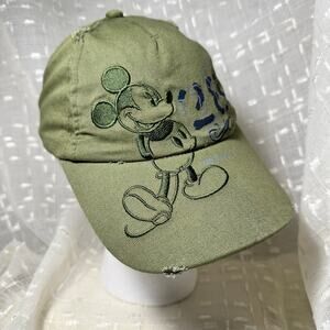 Mickey Mouse Disney Army Green Embroidered Cap Dad hat distressed Velcro closure